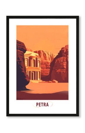 Petra, Jordan illustrated poster in retro style. Vintage travel booklet, postcard, print, cover with ruins