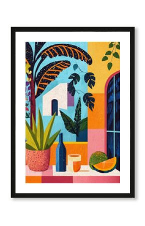 Cozy terrace with tropical plants. Boho wall art, midcentury style, vertical colorful poster