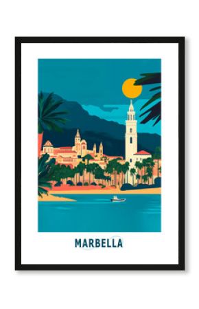 Marbella, Spain illustrated poster in retro style. Vintage travel booklet, postcard, print, cover with scenic coastline
