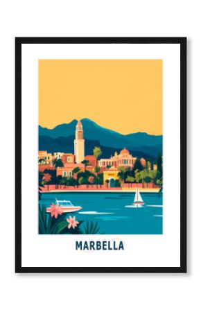 Marbella, Spain illustrated poster in retro style. Vintage travel booklet, postcard, print, cover with scenic coastline
