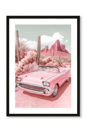 vertical stylish aesthetic retro poster vintage car in desert with cactus and hills in pink tones