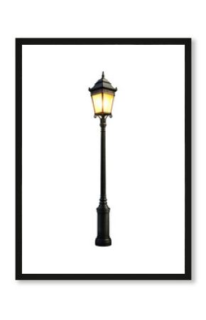 Black Vintage Street Lamp with Warm Light on Transparent Background
