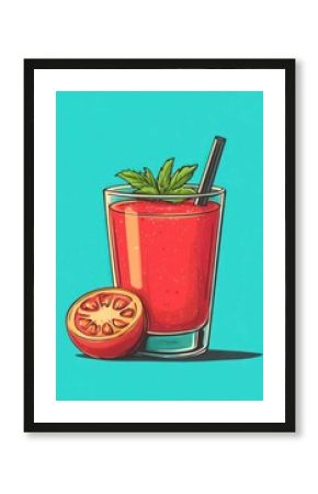 Glass of tomato smoothie on blue background. Retro poster of tomato juice.