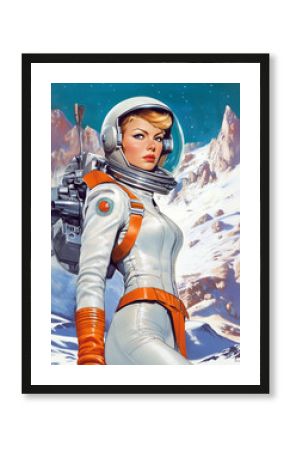 Sci-fi retro poster style, female space commander.