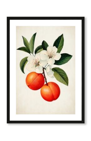 Illustration, peach fruits and flowers, and ripe fruit leaves in a decorative composition, retro botany vintage poster.