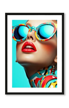 Vibrant Fashion Portrait of Woman in Colorful Sunglasses and Bold Makeup on Blue Background