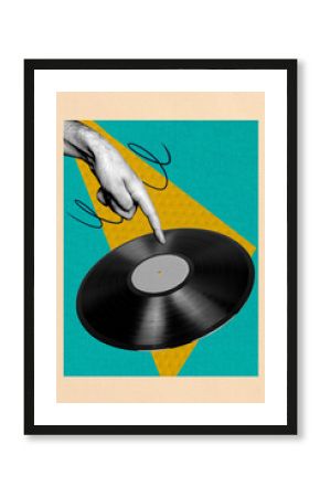 Poster photo vertical collage of hand show index finger cd disk meloman clubber playlist celebration hit vintage party event