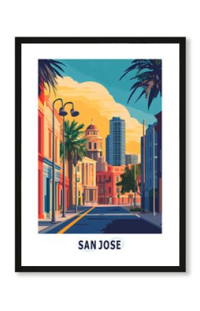 San Jose USA, California state illustrated poster in retro style. Vintage travel booklet, postcard, print, cover with scenic skyline, skyscrapers