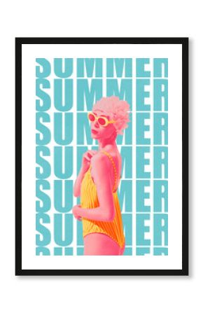 Stylish monochrome woman in striped yellow swimsuit, floral cap, and retro sunglasses standing against bold summer typography. Contemporary art collage. Concept of summer, vacation, vintage fashion