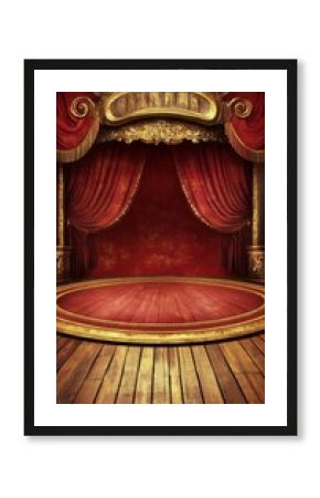 Vintage circus poster with red and gold stage, velvet curtains, and warm nostalgic lighting