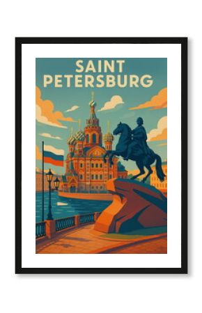 Vintage travel poster illustration of Saint Petersburg, Russia  featuring iconic architecture and landscapes. Retro style tourism art, perfect for travel, adventure, and wanderlust concepts.  