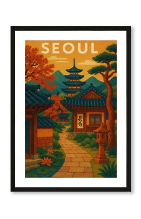 Vintage travel poster illustration of Seoul, South Corea featuring iconic architecture and landscapes. Retro style tourism art, perfect for travel, adventure, and wanderlust concepts.  
