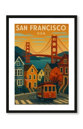 Vintage travel poster illustration of San Francisco, USA featuring iconic architecture and landscapes. Retro style tourism art, perfect for travel, adventure, and wanderlust concepts.  