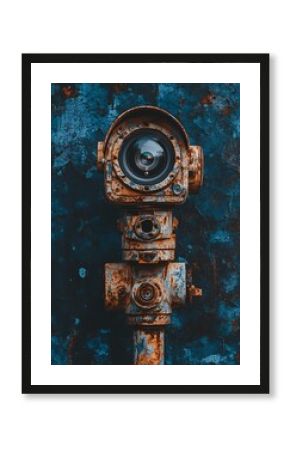 Rusty camera post urban backdrop