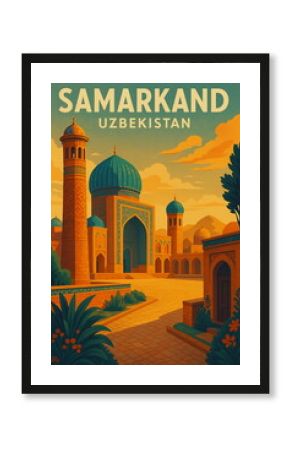 Vintage travel poster illustration of Samarkand, Uzbekistan featuring iconic architecture and landscapes. Retro style tourism art, perfect for travel, adventure, and wanderlust concepts.  