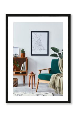 Stylish interior of living room with design wooden shelf, velvet sofa,  plants, mock up poster map, vinyl recorder, book, cacti and personal accessories in retro home decor. Template.