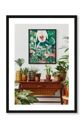 Domestic interior of living room with vintage retro shelf, a lot of house plants, cacti, wooden mock up poster frame on the white wall and elegant accessories at stylish home garden. Template.