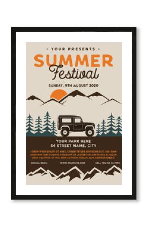 Summer festival camp flyer A4 format. Mountain Road Trip Adventure poster graphic design with forest, car and text. Stock retro card