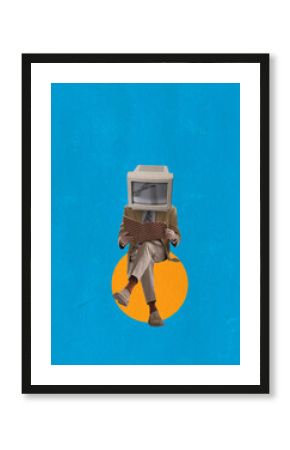 Retro style design. Contemporary art collage of man with vintage computer head reading isolated over blue background
