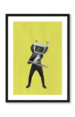 Contemporary art collage of man in a suit with retro computer head twisting wrap isolated over yellow background