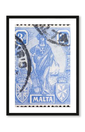 Malta - circa 1922: a postage stamp from Malta , showing the Melita - Allegory of Malta. With robe, Maltese cross and coat of arms.