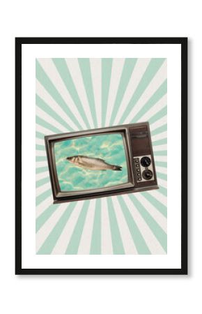 Contemporary art collage and modern design. Fish in retro tv set. Concept of idea, inspiration, creativity and art. Minimalism