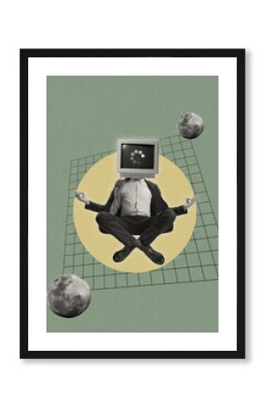 Contemporary art collage. Man, businessman in suit headed with retro computer sitting in yoga lotus pose isolated over abstract background