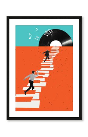 Two men running away isolated over green and oranger background. Concept of ideas, aspiration, imagination. Contemporary art collage. Design for card, magazine cover