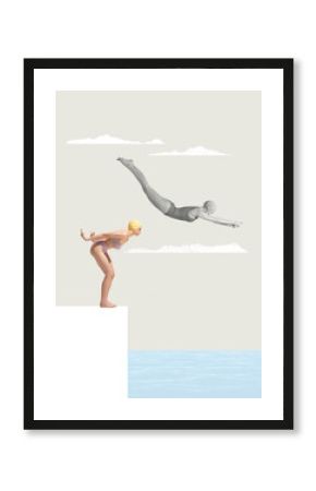 Contemporary art collage. Two woman in swimming suits diving into sea from starting block. Summertime holiday
