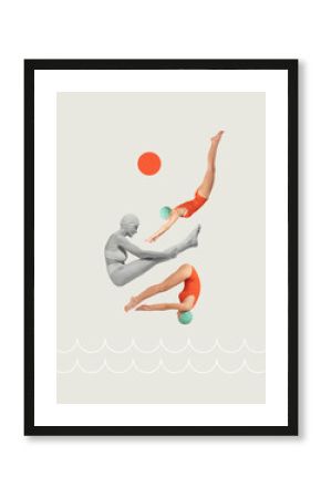 Contemporary art collage. Girls in retro style swimming suit and cap diving, swimming