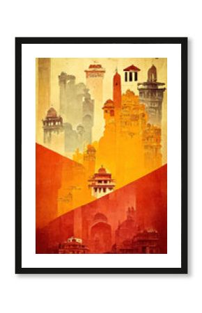 Vintage and retro poster on Indian architecture, travel and invitation to travel in India, to discover the buildings of this Asian country 