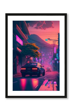 Hand drawn synthwave Japan illustration