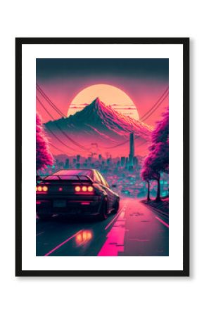 Hand drawn synthwave Japan illustration