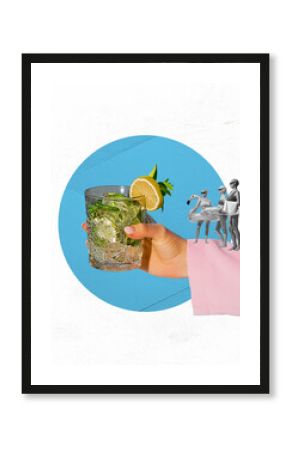 Summer beach party. Contemporary art collage. Female hand with mojito cocktail over light background with blue circle shape. Party, fun, surrealism, drinks and cocktails