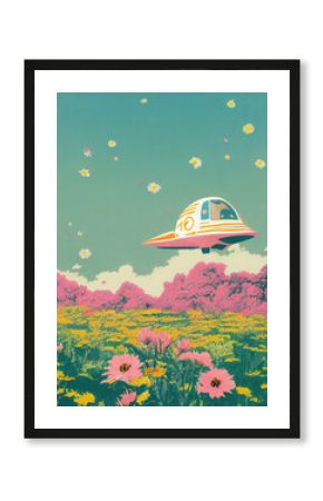 Retro Risoprint poster of a astronaut arriving on a beautiful alien planet in a field of flowers against a vibrant blue sky, using 1950s colors and beautiful textures.Generative Ai.