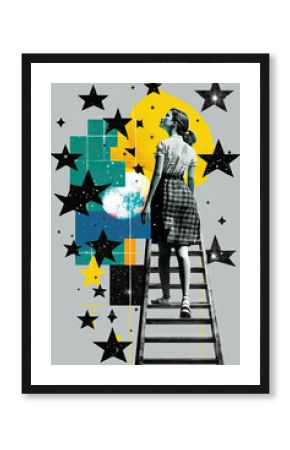 Woman in retro style climbs the stairs to the stars, stairway to the sky, achieving goals, dreams and making dreams come true, contemporary art collage, retro, vintage style, Generative AI