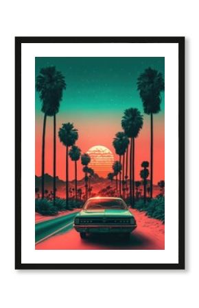 Colourful Retro Route 66 Travel Poster in Synthwave 80s Style. Classic Vintage Car and the Sunset in Background Wallpaper - Generative AI Illustration