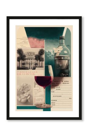 Abstract contemporary pop art collage. Wine portrait with different forms, magazines and objects on the backdrop. Modern style poster or magazine illustration  created with Generative AI technology