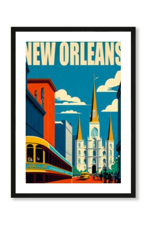 Vintage 1950s poster of New Orleans featuring iconic landmarks such as the French Quarter and St Louis Cathedral. Bright blue sky with white clouds, vibrant colors and flat design. Generative AI