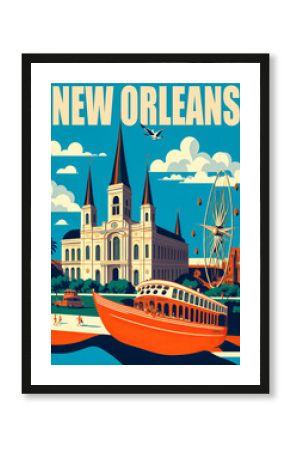 New Orleans' vintage poster with vibrant colors featuring famous monuments and a bright blue sky with white clouds. Simple yet lively design, conveying a feeling of joy. Generative AI