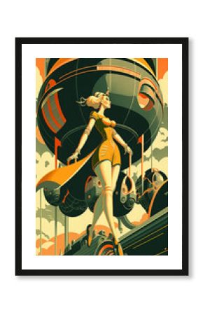 illustration of woman with future technology in retro futuristic 30s style poster ,generative ai