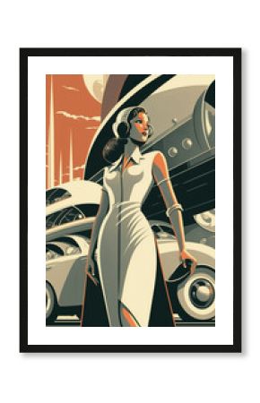 illustration of woman with future technology in retro futuristic 30s style poster ,generative ai