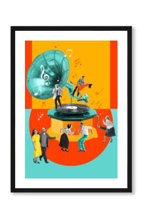 Group of people attending party, dancing, enjoying leisure time. Contemporary art collage. Retro style.Concept of music, lifestyle, art of sound, performance. Creative bright design