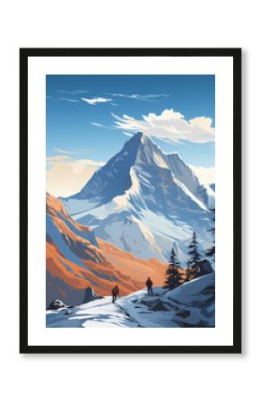 Vintage alpine winter mountains poster with editorial space.  retro advertisement poster in winter with copy space.