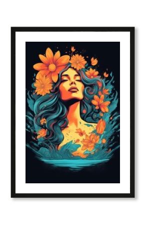 Summer, girl, retro design. Print for T-shirts. Generative AI.