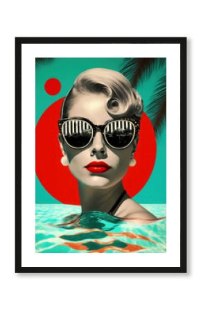 Summer vibes. Beautiful woman with red lips wearing trendy sunglasses in swimming pool. Generative AI