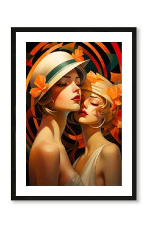 Two woman, retro style. Poster Art Surreal Abstract Geometry, Art deco, Generative AI