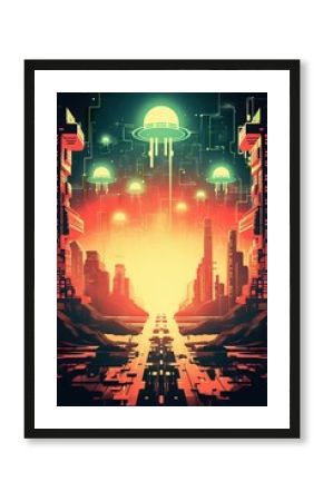 Funny UFO aliens and robots in 8-bit retro game style. Vector illustration