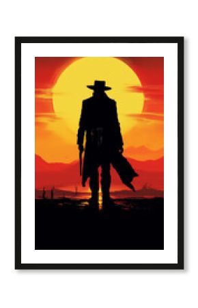 A cowboy in the background of a Texas, Classic retro western movie poster with an outlaw sheriff man silhouette