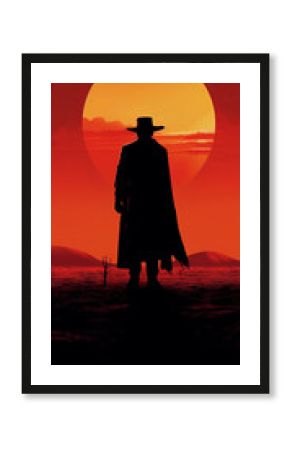 A cowboy in the background of a Texas, Classic retro western movie poster with an outlaw sheriff man silhouette